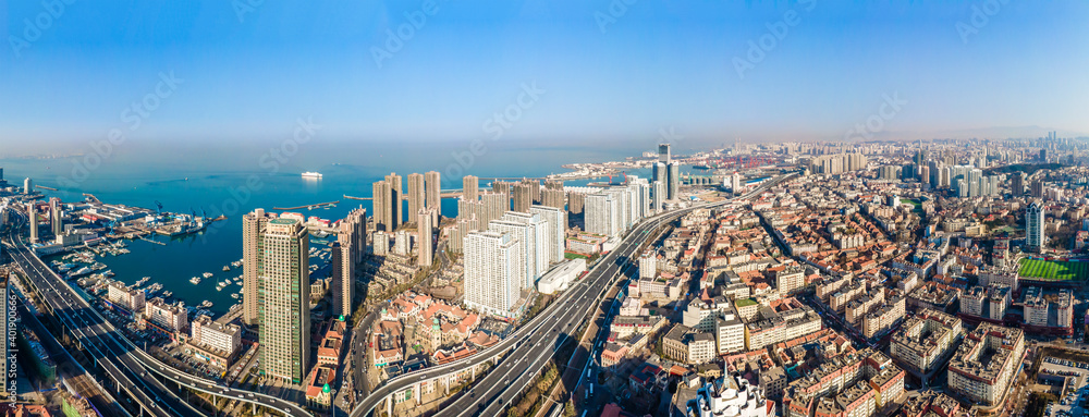 Aerial photography of the skyline of modern urban architectural landscape in Qingdao, China