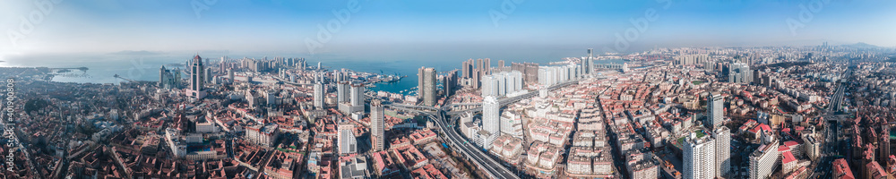 Aerial photography of the skyline of modern urban architectural landscape in Qingdao, China