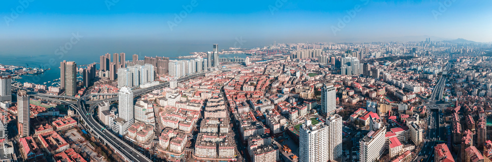 Aerial photography of the skyline of modern urban architectural landscape in Qingdao, China