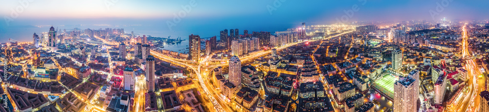 Aerial photography of night view of Qingdao, China..