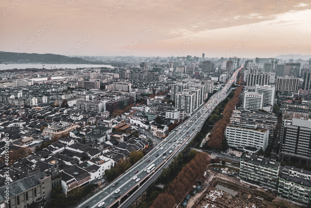 Aerial photography of Hangzhou urban architectural landscape..