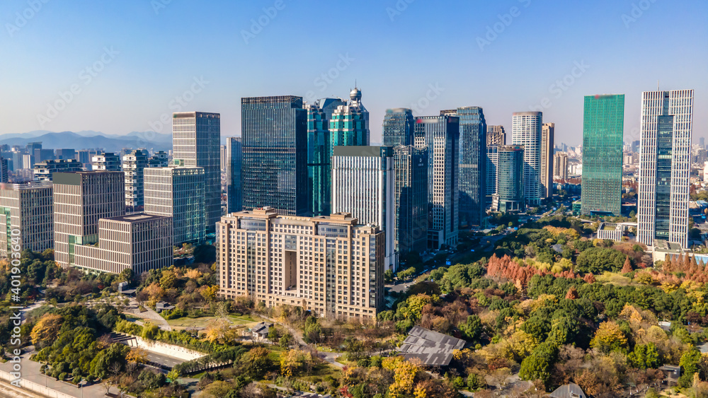 Aerial photography of the skyline of modern urban architectural landscape in Hangzhou, China..