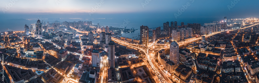 Aerial photography of night view of Qingdao, China..