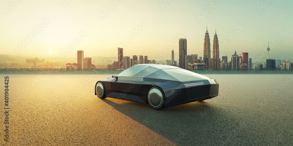 EV car on asphalt road with city skyline background. 3d rendering