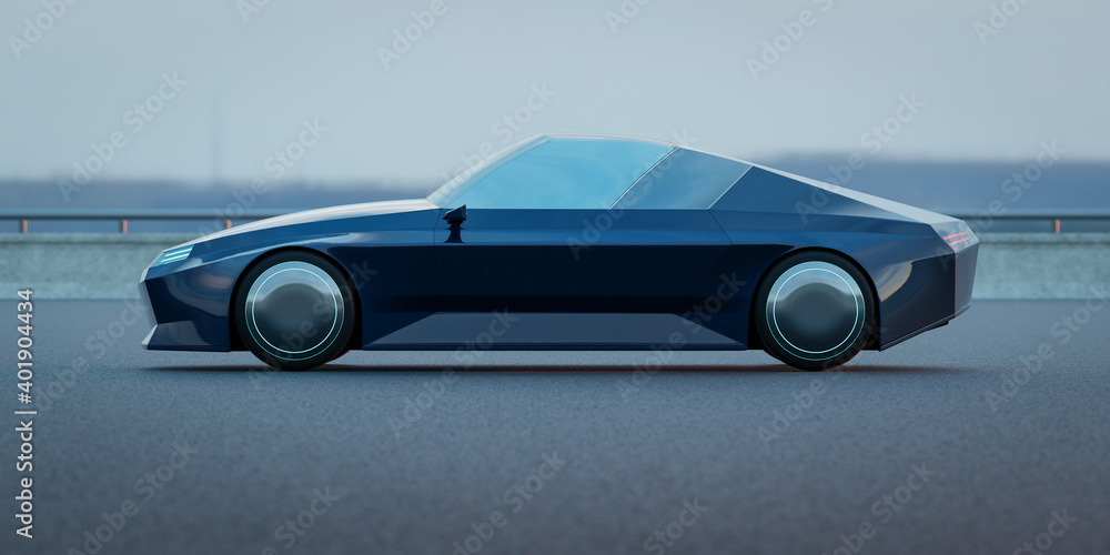 EV concept car on asphalt road. 3d rendering with my own creative design.