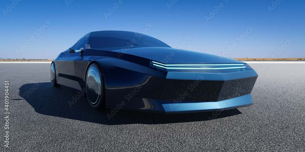 EV concept car on asphalt road. 3d rendering with my own creative design.