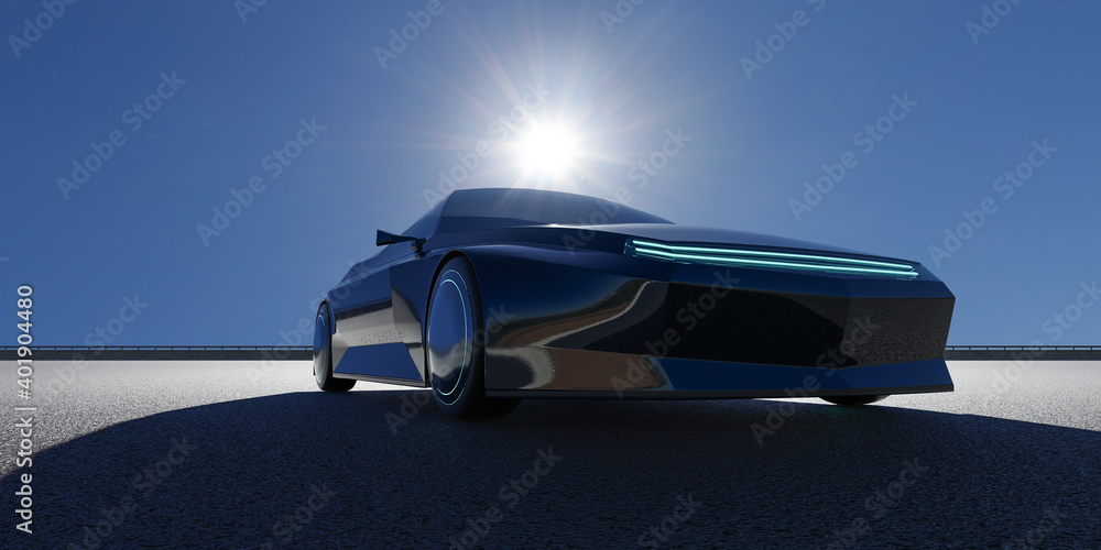 EV concept car on asphalt road. 3d rendering with my own creative design.