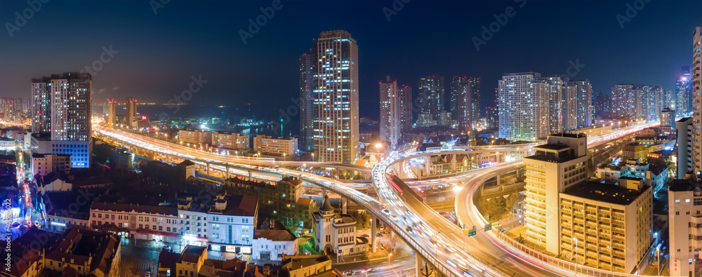 Aerial photography of night view of Qingdao, China..