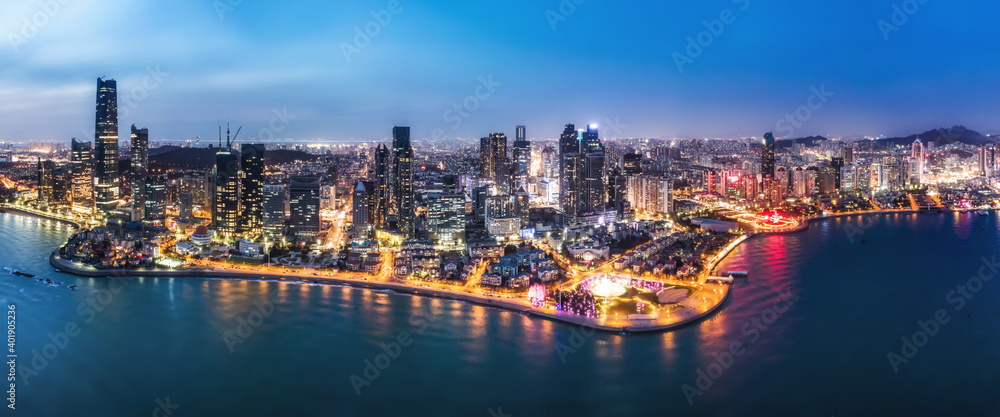 Aerial photography of night view of Qingdao, China..