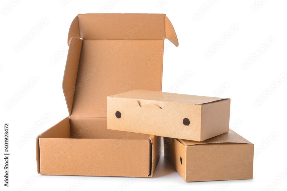 Blank cardboard boxes on white background