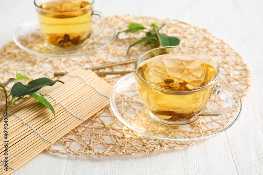 Cup of green tea on table