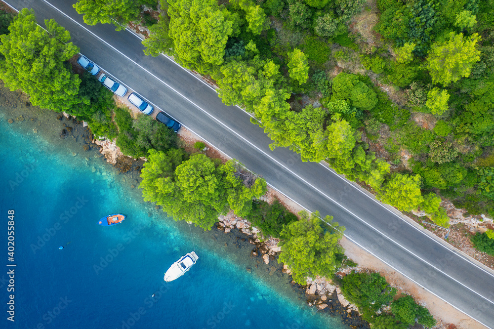 春天日落时，美丽的绿色森林和海滨的道路鸟瞰图。多彩的风景