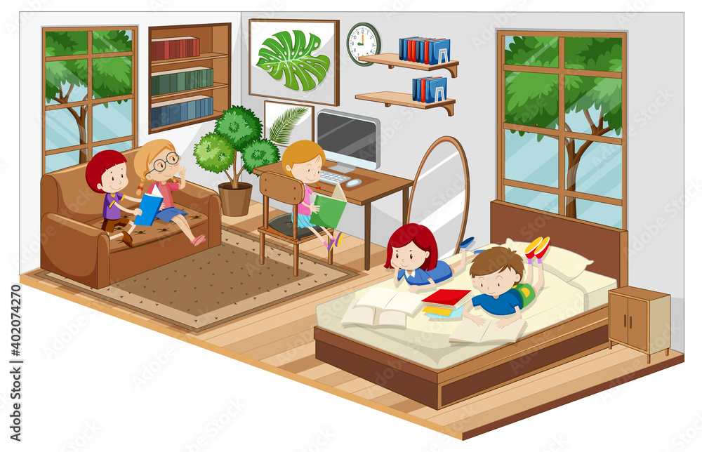 Children in the living room with furnitures