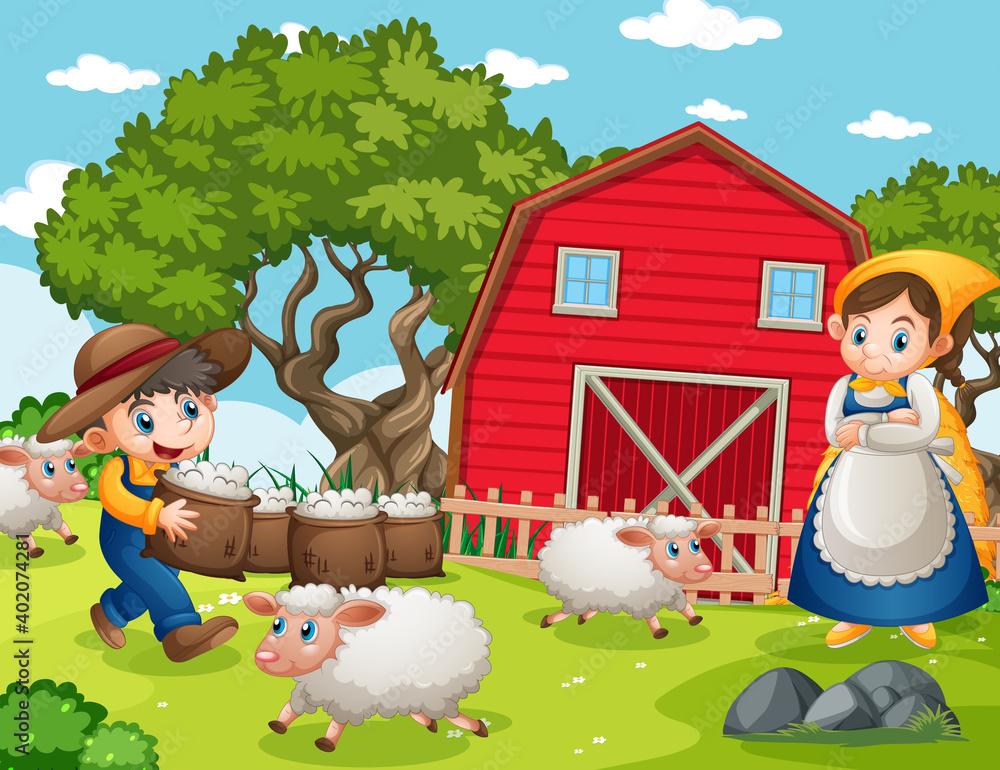 Happy family in farm scene in cartoon style