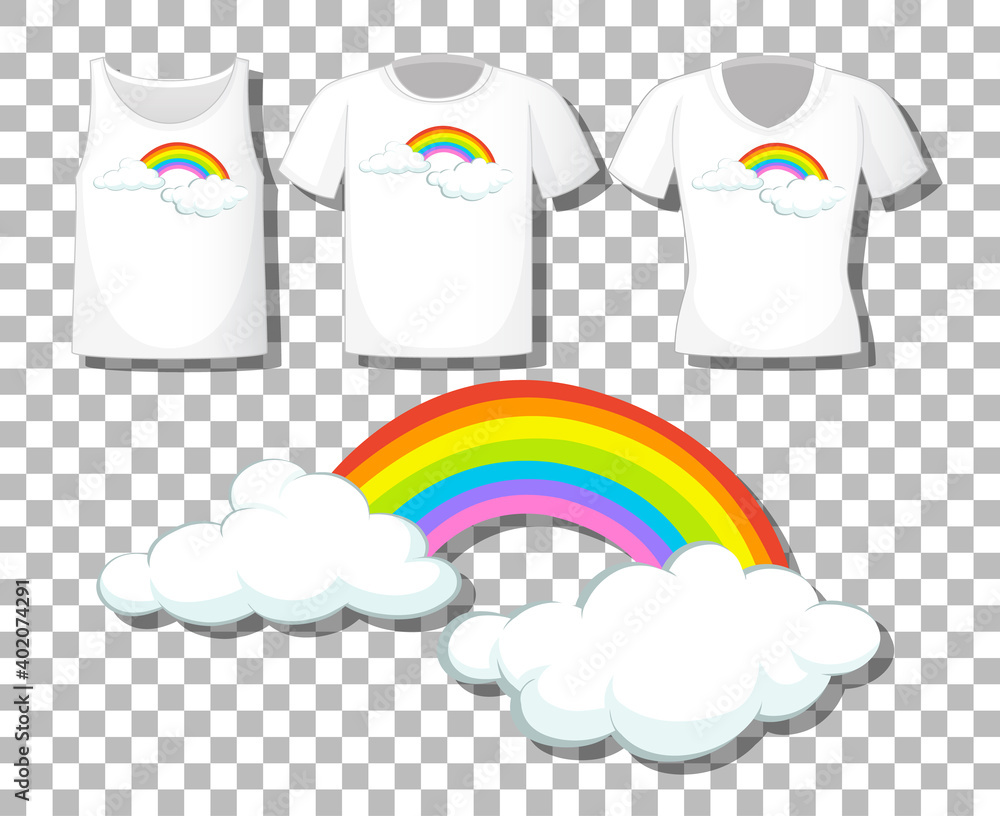 Rainbow with set of different shirts isolated on transparent background