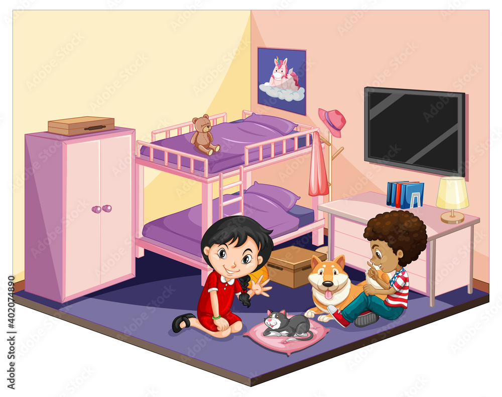 Kids in the bedroom in pink theme scene on white background