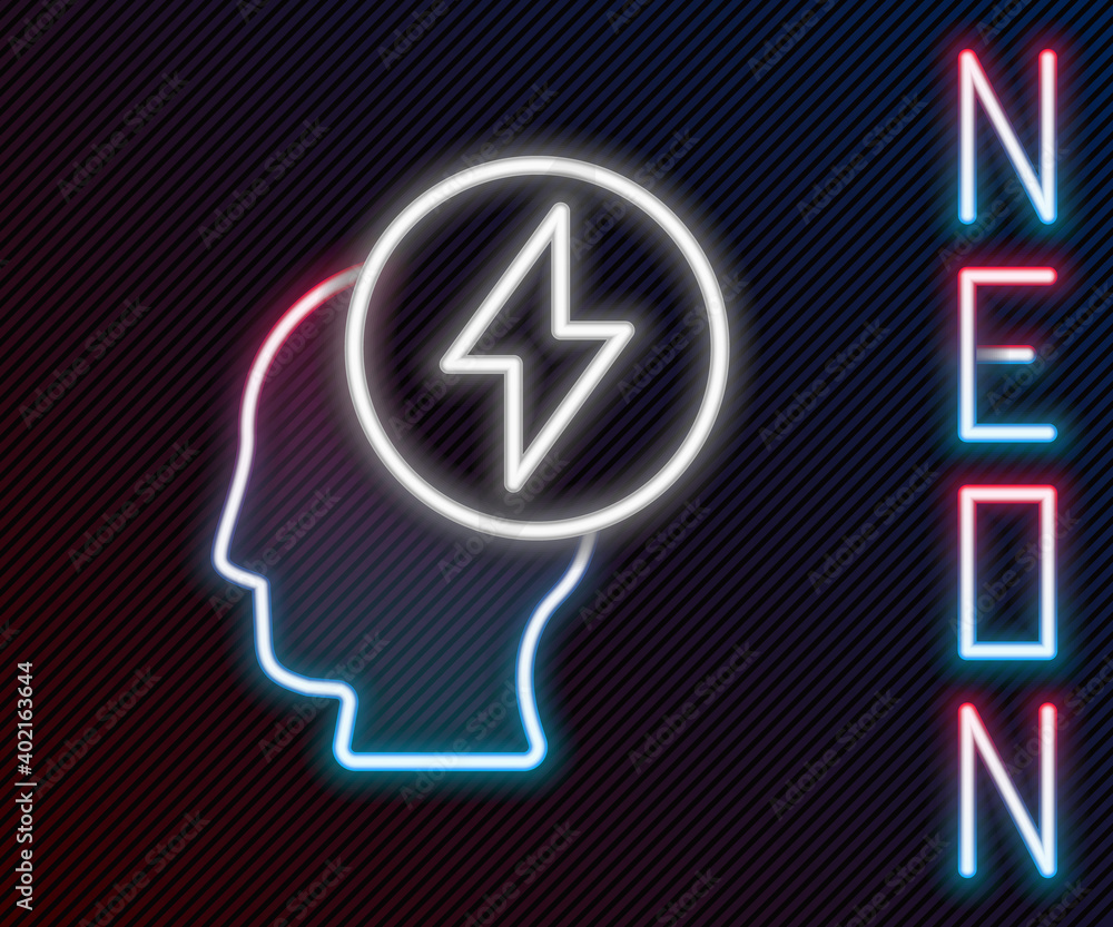 Glowing neon line Human head and electric symbol icon isolated on black background. Colorful outline