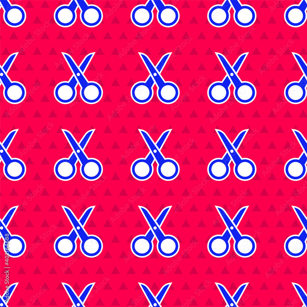 Blue Scissors icon isolated seamless pattern on red background. Cutting tool sign. Vector Illustrati