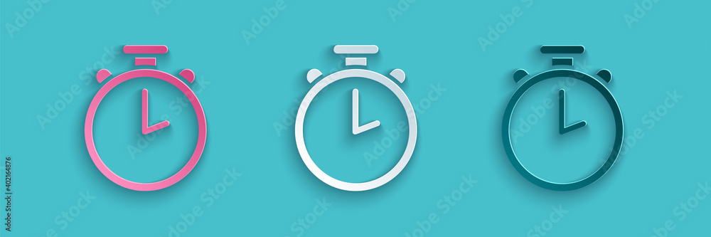 Paper cut Stopwatch icon isolated on blue background. Time timer sign. Chronometer sign. Paper art s