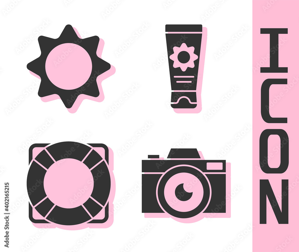 Set Photo camera, Sun, Lifebuoy and Sunscreen cream in tube icon. Vector.