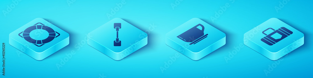 Set Isometric Lifebuoy, Paddle, Suitcase and Coffee cup icon. Vector.