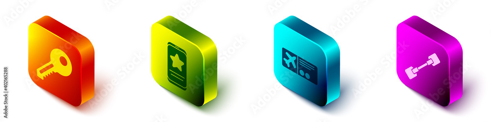 Set Isometric Key, Mobile with review rating, Airline ticket and Paddle icon. Vector.