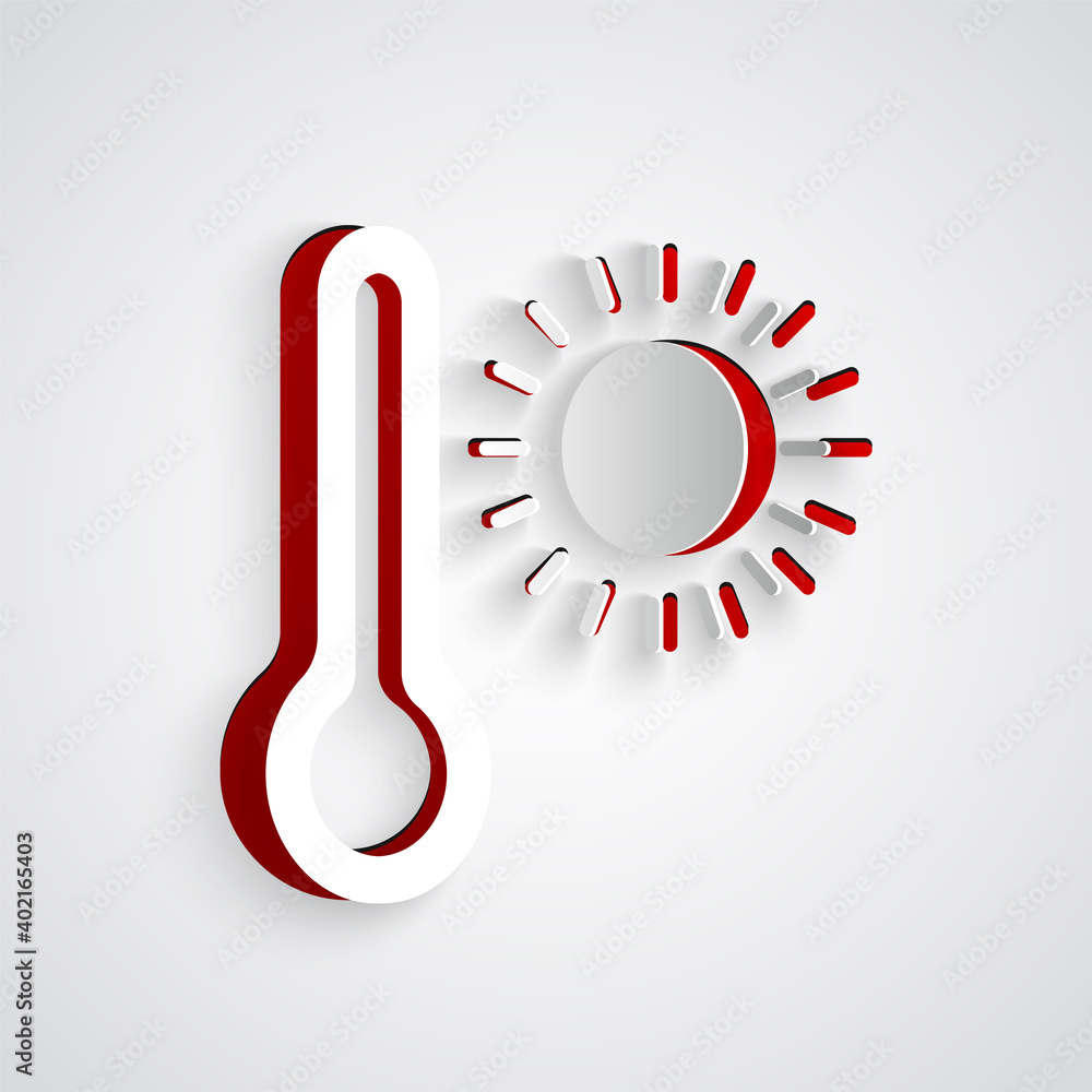 Paper cut Meteorology thermometer measuring heat and cold icon isolated on grey background. Thermome