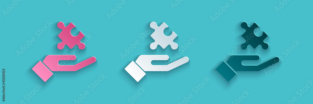 Paper cut Solution to the problem in psychology icon isolated on blue background. Puzzle. Therapy fo