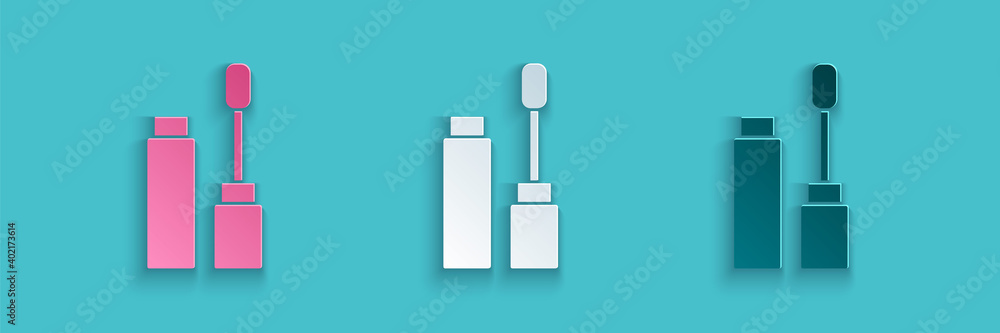 Paper cut Mascara brush icon isolated on blue background. Paper art style. Vector.