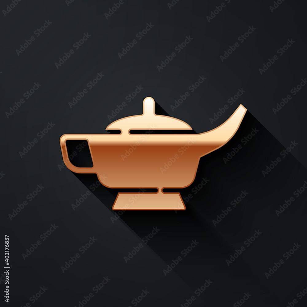 Gold Magic lamp or Aladdin lamp icon isolated on black background. Spiritual lamp for wish. Long sha