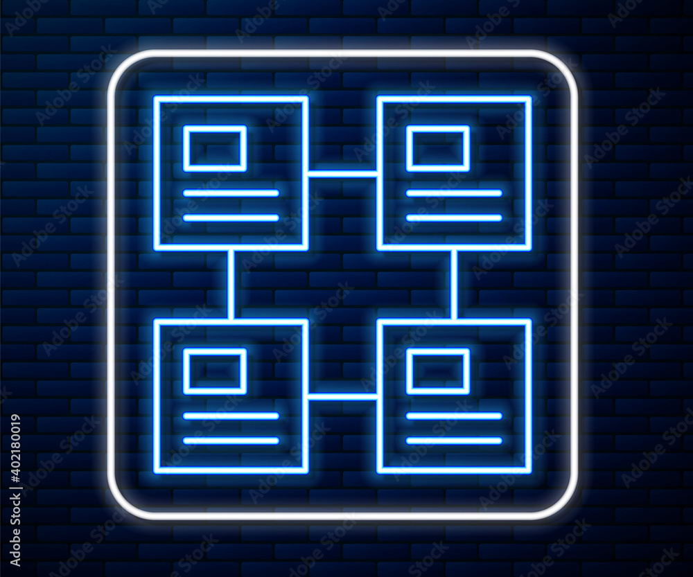 闪闪发光的霓虹灯线业务层次结构有机图图表信息图图标隔离在砖墙背面