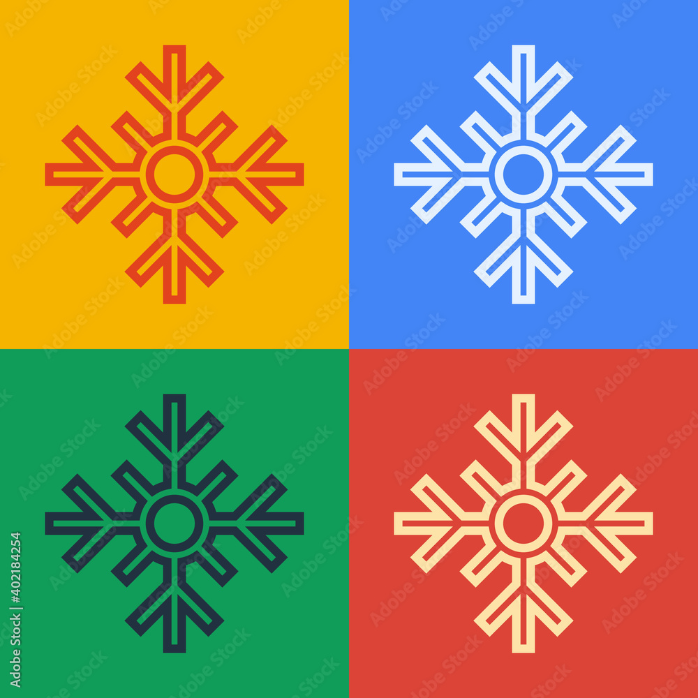 Pop art line Snowflake icon isolated on color background. Merry Christmas and Happy New Year. Vector