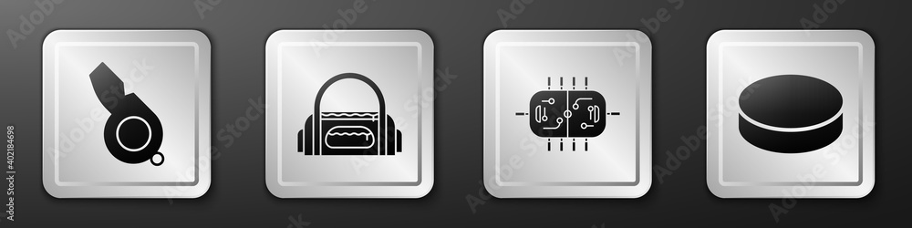 设置口哨、运动包、冰球桌和冰球图标。银色方形按钮。矢量。