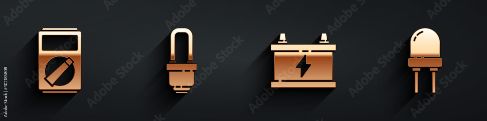 Set Multimeter, LED light bulb, Car battery and Light emitting diode icon with long shadow. Vector.