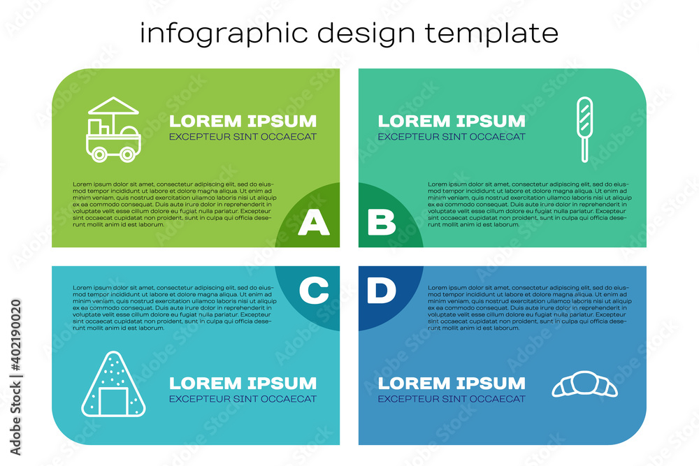 设置线洋葱、快餐车、羊角面包和玉米狗。商业信息图模板。Vect