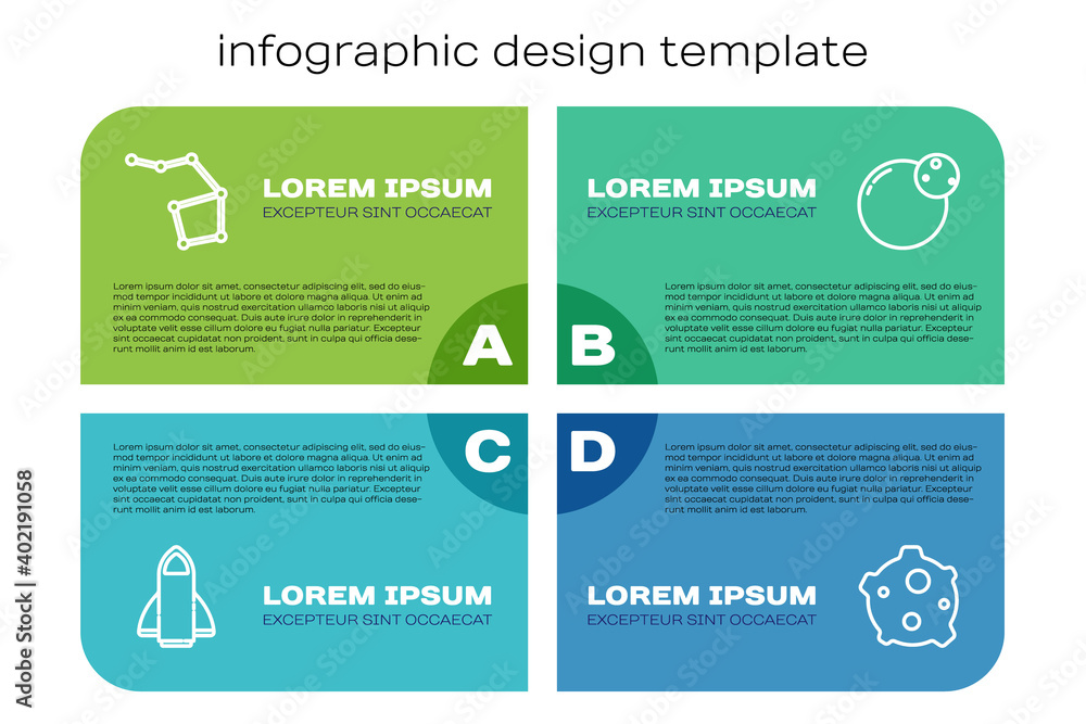 火箭飞船、大熊星座、小行星和行星。商业信息图模板。
