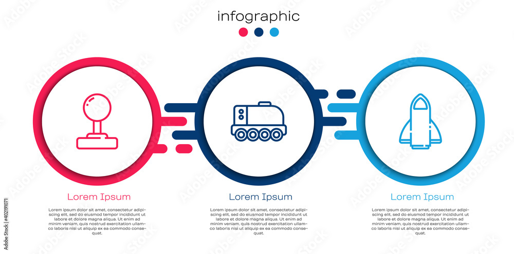 设定线路操纵杆，火星车和火箭船。商业信息图模板。矢量。