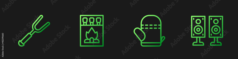 Set line Oven glove, Barbecue fork, Matchbox and matches and Stereo speaker. Gradient color icons. V