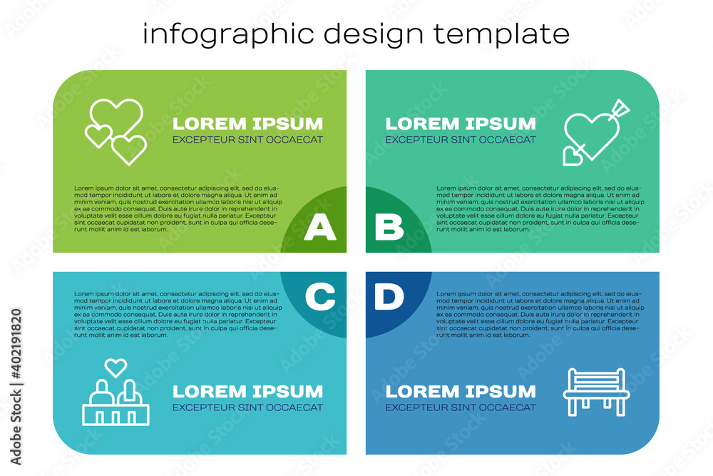 设定恋爱中的情侣、爱心、浪漫的长椅和爱心与箭的阿莫尔。商业信息图