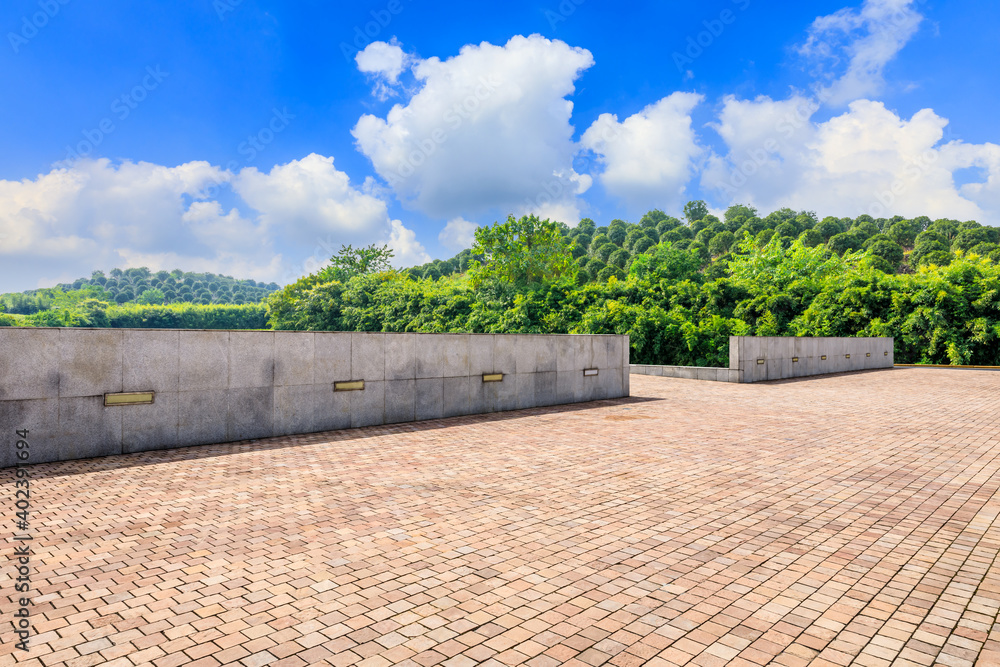 Empty square floor and green mountain background.