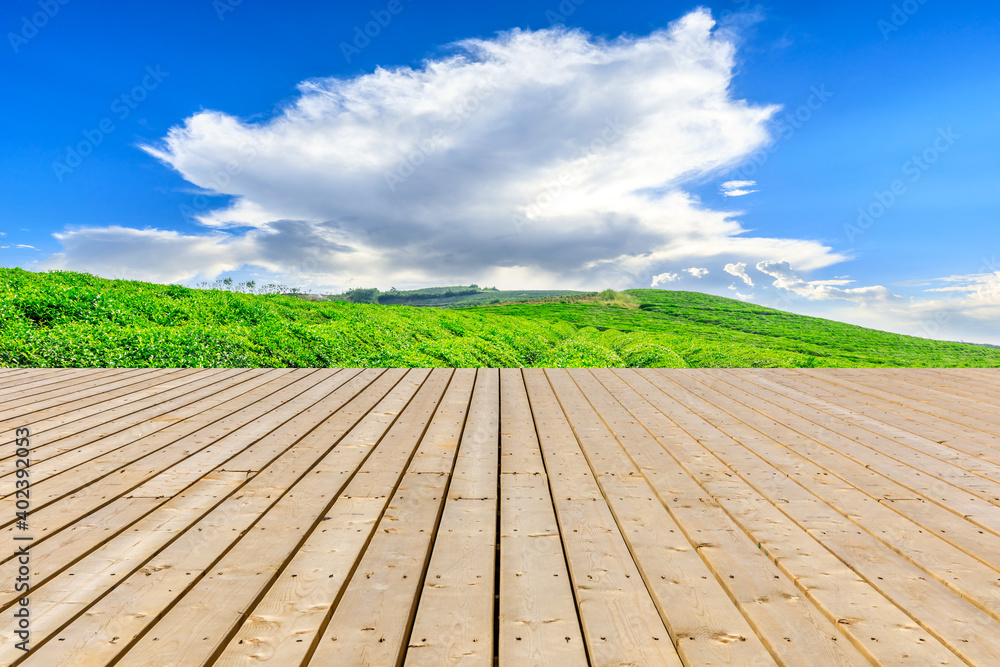 Wooden plank and green tea plantations under the blue sky.