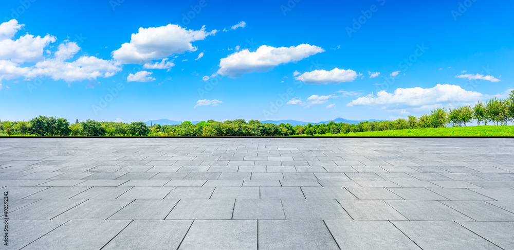 空荡荡的方形地板和绿色的山背景。