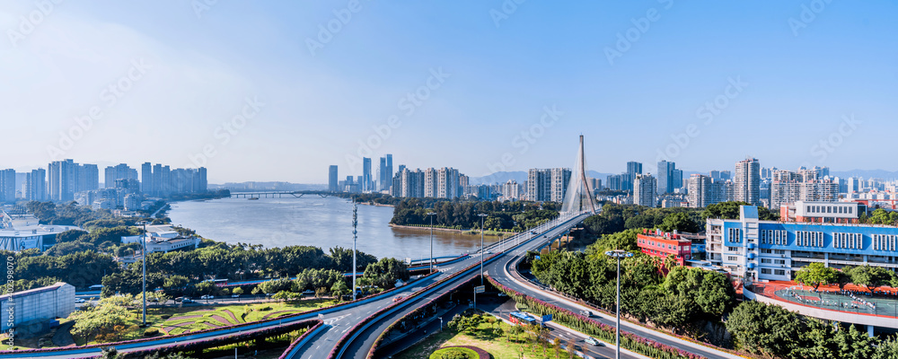 Sunny scenery of Sanxianzhou bridge in Fuzhou, Fujian, China