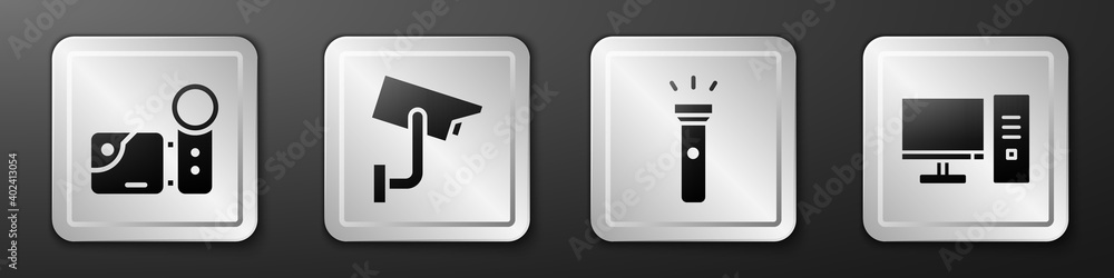 Set Cinema camera, Security camera, Flashlight and Computer monitor icon. Silver square button. Vect