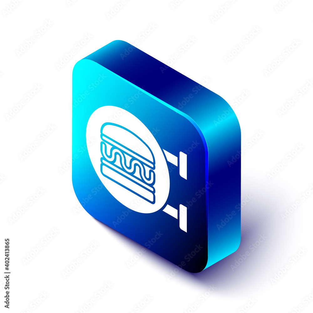 Isometric Online ordering and burger delivery icon isolated on white background. Blue square button.