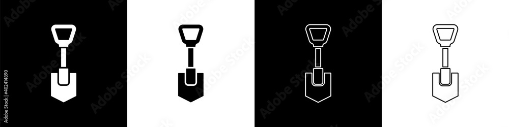 Set Shovel icon isolated on black and white background. Gardening tool. Tool for horticulture, agric