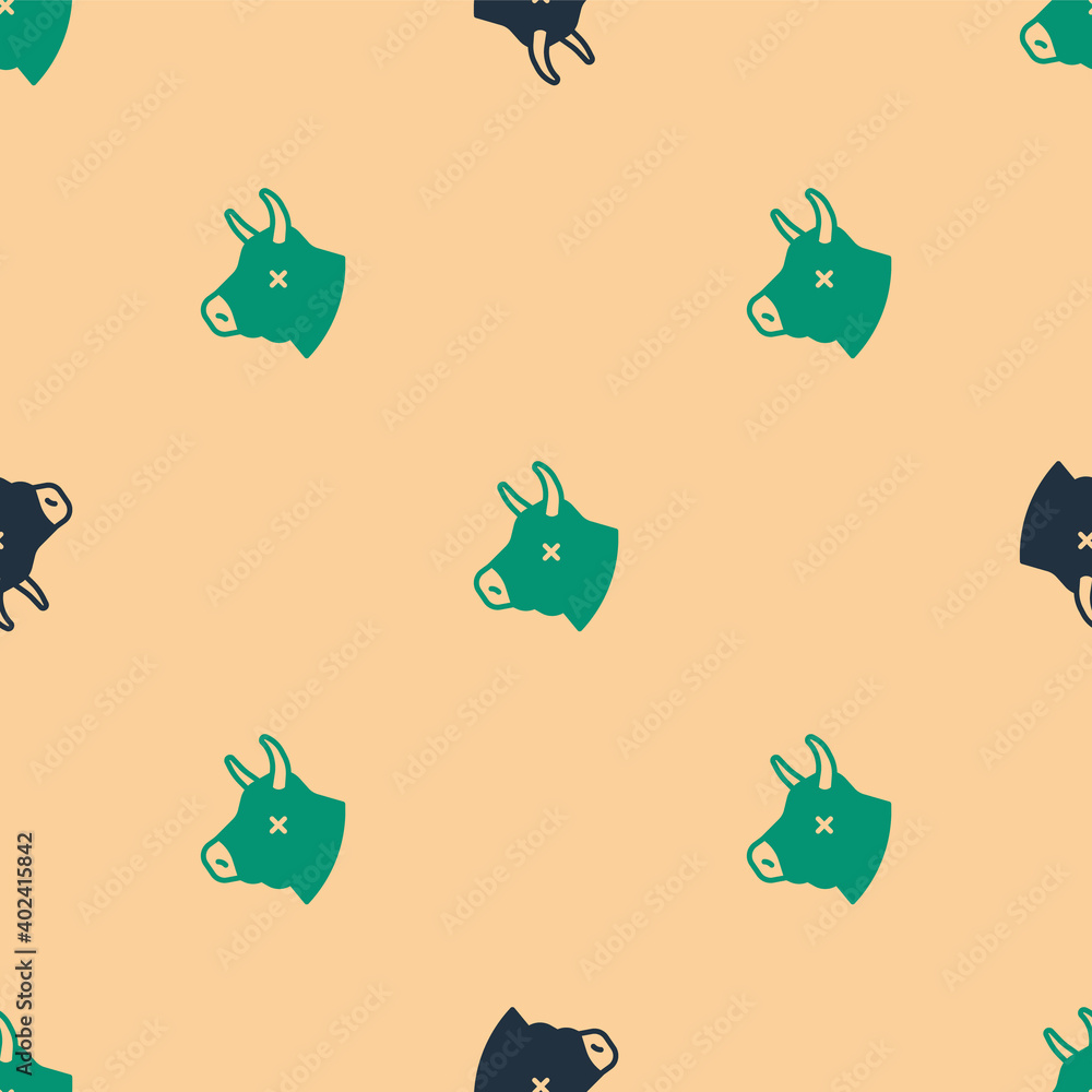 Green and black Cow head icon isolated seamless pattern on beige background. Vector.