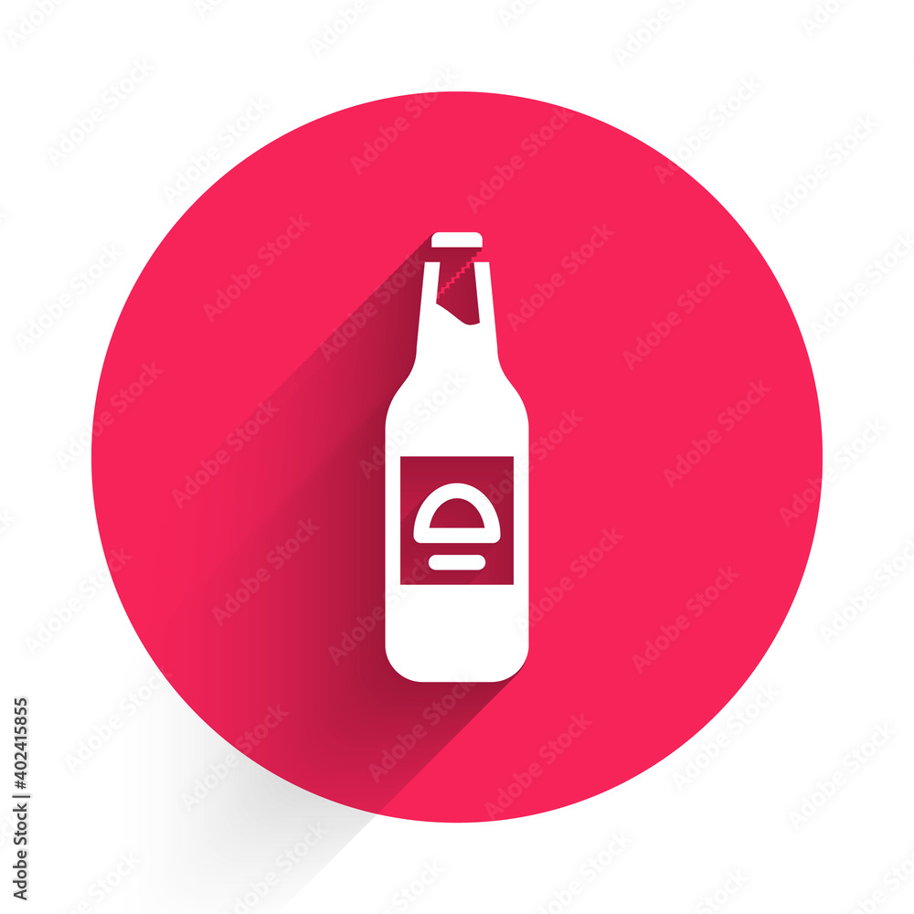 White Beer bottle icon isolated with long shadow. Red circle button. Vector.