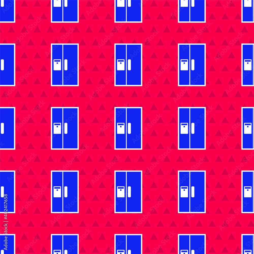 Blue Refrigerator icon isolated seamless pattern on red background. Fridge freezer refrigerator. Hou