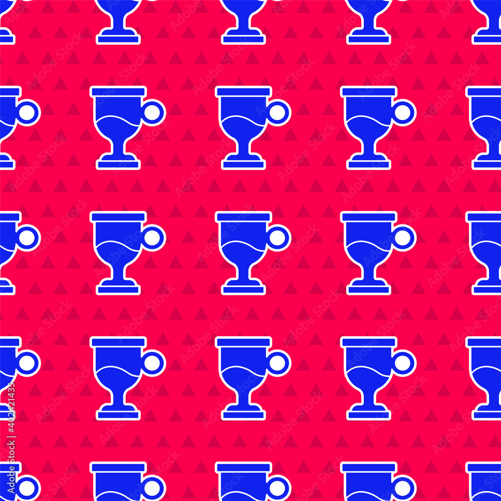 Blue Mulled wine with glass of drink and ingredients icon isolated seamless pattern on red backgroun